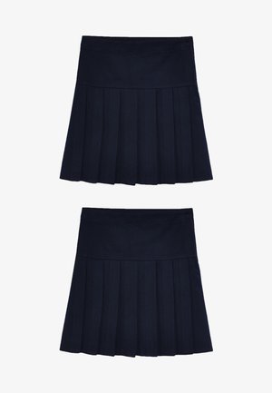 Laivastonsininen laskostettu hame, joka on valmistettu teksturoidusta kankaasta. Hameessa on muotoiltu vyötärö ja useita pystylaskoksia, jotka lisäävät volyymia.