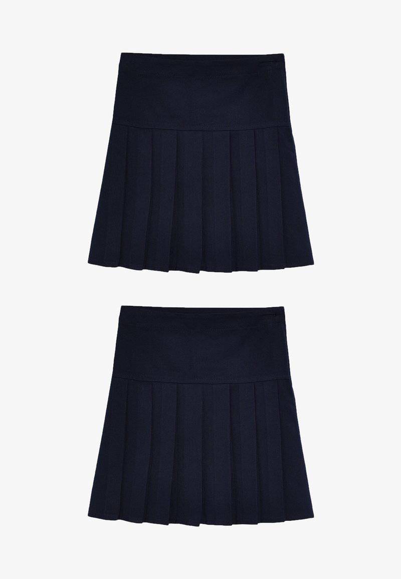 Jupe plissée bleu marine en tissu texturé. Dotée d'une taille ajustée et de plusieurs plis verticaux pour plus de volume.