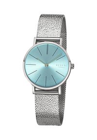 Montre avec bracelet en maille argentée et cadran rond bleu clair, marqueurs d'heure minimalistes et aiguille des secondes centrale dorée. Nom de la marque "REGENT" affiché.