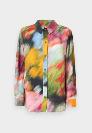 Long-sleeve shirt featuring a vibrant, abstract, multicolored pattern with a collared neckline and button front, crafted from lightweight fabric.