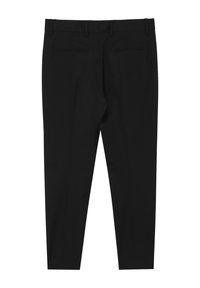 Pantaloni formali neri con gamba dritta, passanti per cintura e due tasche a filetto posteriori su uno sfondo bianco.