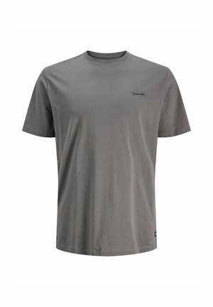 T-shirt en coton gris à manches courtes, col rond et petit logo sur la poitrine gauche ; texture douce et coupe droite.