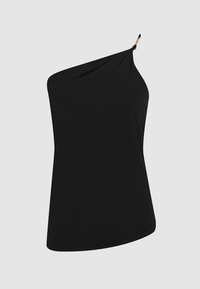 Haut noir à épaule unique, fabriqué en tissu lisse. Il présente un ourlet diagonal et un accent en métal doré à l'épaule.