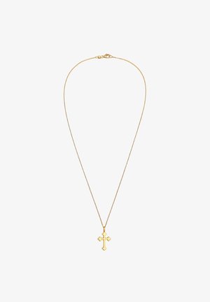 Collier en chaîne couleur or présentant un pendentif croix détaillé, avec une délicate chaîne en boîte et un fermoir à homard sécurisé.