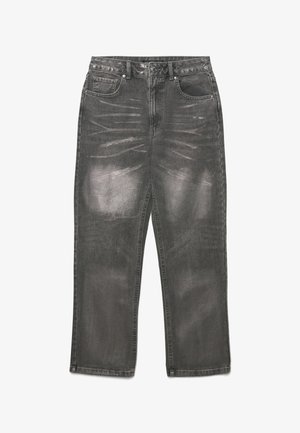 Graue Denim-Jeans mit lockerer Passform, subtiler Ausbleichung, fünf Taschen und einem Knopfverschluss am Bund.