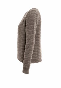 Gebreide trui in een warme, taupe kleur met een gestructureerd, wafelachtig patroon. Heeft lange mouwen en een ronde halslijn.