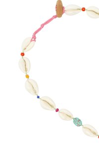 Naturalna muszelkowa naszyjnik z różowym sznurkiem, kolorowe koraliki w odcieniach czerwieni, pomarańczy, żółci, niebieskiego oraz akwenowy kamień z brązowymi wzorami. Regulowane zapięcie.