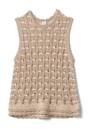 Beiges ärmelloses Stricktop mit durchbrochenen vertikalen Mustern und dezenten weißen Akzenten, rundem Ausschnitt und gerippten Kanten.