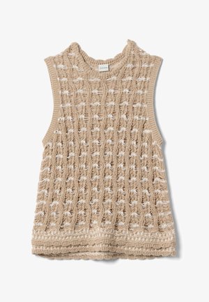 Beiges ärmelloses Stricktop mit durchbrochenen vertikalen Mustern und dezenten weißen Akzenten, rundem Ausschnitt und gerippten Kanten.