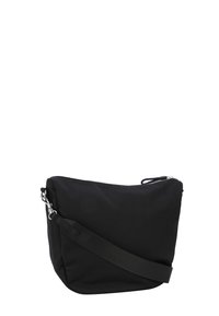 Sort crossbody taske lavet af holdbart stof, med en buet form, lynlås lukning og justerbar rem. Glat tekstur, minimalistisk design.