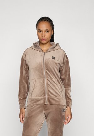 TWO TONE RHINESTONE LOGO FULL ZIP HOODIE - Cipzáras pulóver - taupe