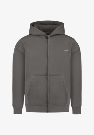 Grau Full-Zip Hoodie mit vorderen Einschubtaschen, gerippten Bündchen und Saum sowie einer Kapuze, die ein kleines Logo-Patch auf der linken Brust trägt.