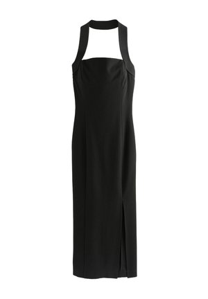 Schwarzes ärmelloses Kleid mit hohem Neckholder, strukturiertem Oberteil und einem Schlitz vorne für zusätzlichen Bewegungsfreiheit. Glatte Stofftextur.