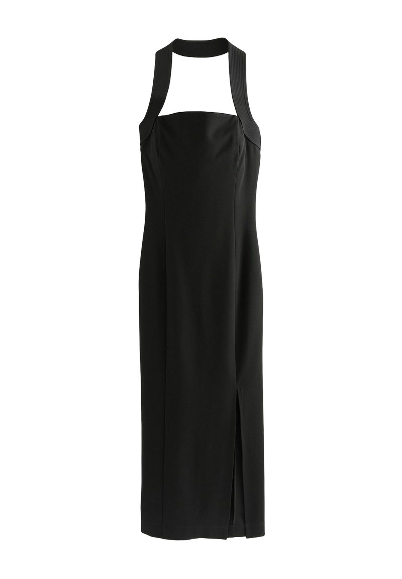 Schwarzes ärmelloses Kleid mit hohem Neckholder, strukturiertem Oberteil und einem Schlitz vorne für zusätzlichen Bewegungsfreiheit. Glatte Stofftextur.