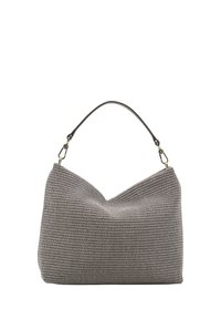 Gray woven handbag with a textured surface, featuring a V-shaped top, sturdy shoulder strap with gold hardware accents.