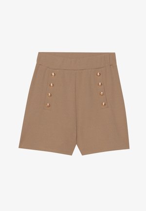 Brune shorts laget av stoff med en jevn tekstur, med sidelommer og gullknappdetaljer foran. Utydelig kant.