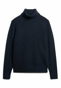 Jersey de cuello alto en color marino, confeccionado en suave tejido de punto. Presenta un cuello y puños acanalados, con un ajuste relajado y sin patrones ni herrajes visibles.