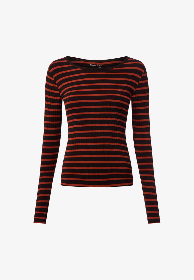Black long-sleeve top with horizontal red stripes, ribbed texture, and a wide neckline. Brand label visible inside collar area.