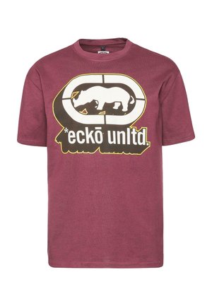 T-shirt in cotone bordeaux a maniche corte, con una grande grafica di un rinoceronte bianco e nero e contorni gialli attorno al testo e al design.
