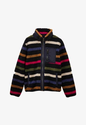 Striped fleece jacket with a high collar, featuring colors like black, brown, green, and pink, plus a zippered pocket on the chest.