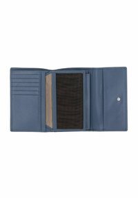 Portefeuille en cuir bleu avec plusieurs emplacements pour cartes, une fenêtre transparente pour carte d'identité et un intérieur texturé. Comprend une fermeture à pression et des bords lisses.