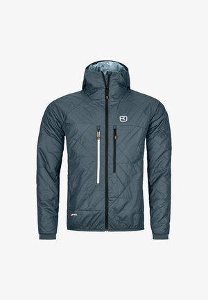 Dark blue insulated jacket with a hood, quilted pattern, zipper pockets, and logo on the chest. Features contrasting zipper and accents.