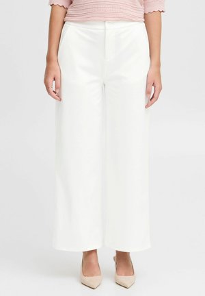 White wide-leg trousers with a smooth texture, featuring a front button closure and side pockets, paired with a pink top and neutral shoes.