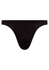 Schwarze String-Unterwäsche aus glattem Material, mit einem dünnen Bund und minimaler Abdeckung. Das Design enthält keine Muster oder Verzierungen.