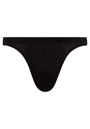Schwarze String-Unterwäsche aus glattem Material, mit einem dünnen Bund und minimaler Abdeckung. Das Design enthält keine Muster oder Verzierungen.