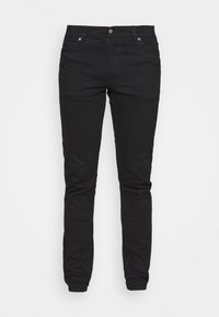 Schwarze Denim Skinny Jeans mit einem Fünf-Taschen-Design, Knopf- und Reißverschluss, sowie dezenten Nähdetails und einer glatten Textur.