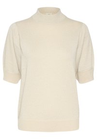 Pull en col roulé à manches courtes de couleur crème clair. Fabriqué en matériau doux et texturé avec un léger éclat et des bords côtelés.