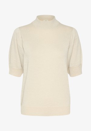 Short-sleeve turtleneck sweater in light cream color. Made of soft, textured material with a subtle sheen and ribbed hem and cuffs.