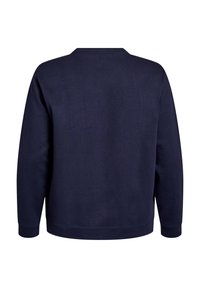Navy modrá mikina s dlouhými rukávy, kulatým výstřihem a hladkou texturou. Jednoduchý design bez viditelných vzorů nebo akcentů.