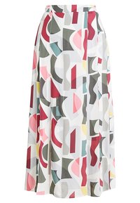 Una falda larga hecha de un tejido ligero, con un patrón geométrico multicolor en tonos de rosa, rojo, gris, verde y amarillo.