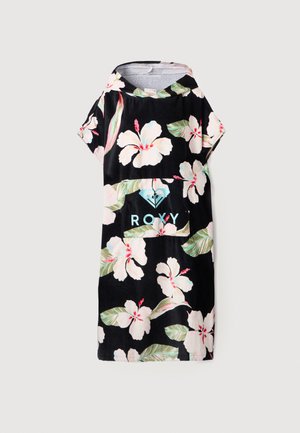 Črna kapuca iz brisače z velikimi belimi cvetovi hibiskusa, zelenimi listi in sprednjim žepom z logotipom ROXY v modrih črkah.