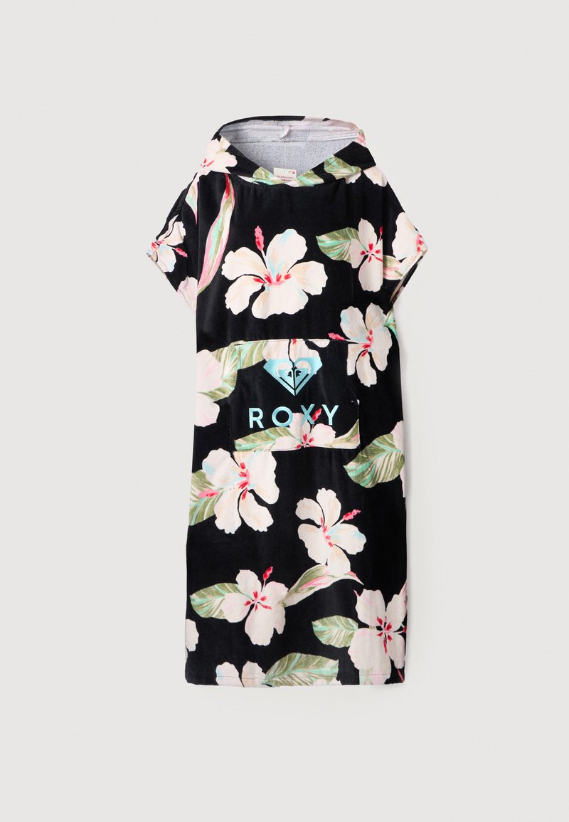 Μαύρο φόρεμα πετσέτα με κουκούλα, διακοσμημένο με μεγάλα λευκά άνθη ιβίσκου, πράσινα φύλλα και μια μπροστινή τσέπη με το λογότυπο ROXY σε μπλε γράμματα.