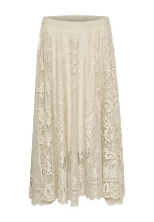 Lace midi skirt in ivory, featuring intricate floral patterns, a flared design, and an elastic waistband for comfort.