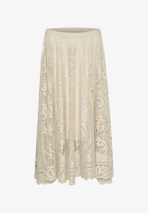 Ivory värvi pitsist midi seelik, millel on keerukad lillemustrid, flokeeruv disain ja elastne vöökoht mugavuse tagamiseks.