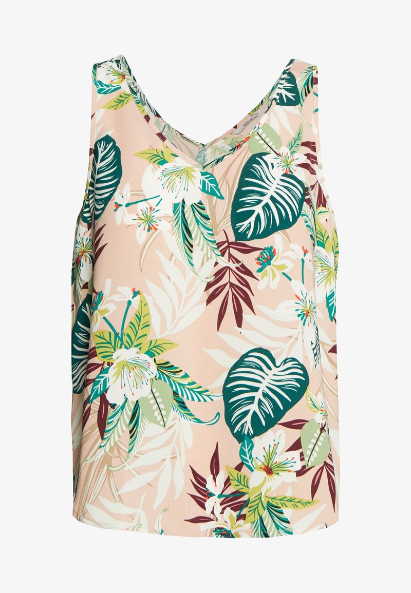 Floral tank top in light pink fabric featuring green leaves and white flowers. V-neck design with a loose fit, ideal for casual wear.