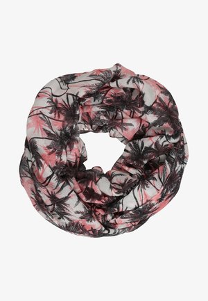 Écharpe infinie légère avec un motif de palmiers noirs et roses sur tissu blanc, enroulée en forme circulaire lâche.