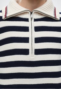 Gros plan d’un pull en maille rayé horizontalement bleu marine et blanc avec une fermeture éclair partielle et un col côtelé avec des rayures rouges et noires.
