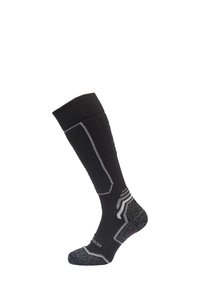 Calzino nero fino al ginocchio con texture a coste, punta e tallone rinforzati, ornamenti grigi, con linee di accento e logo alla caviglia.