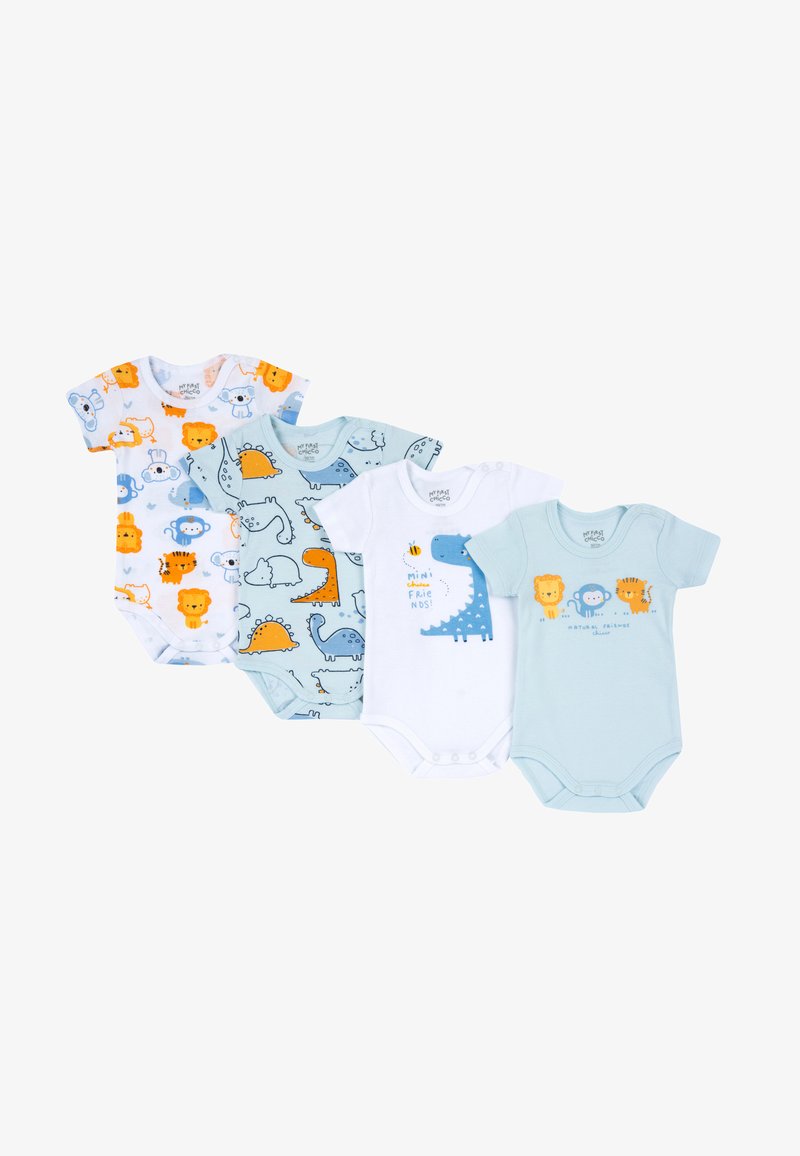 Quatre bodies pour bébé à manches courtes en coton doux ; les couleurs incluent le blanc, le bleu clair et l'orange pastel. Comprend des imprimés animales et des textes ludiques.
