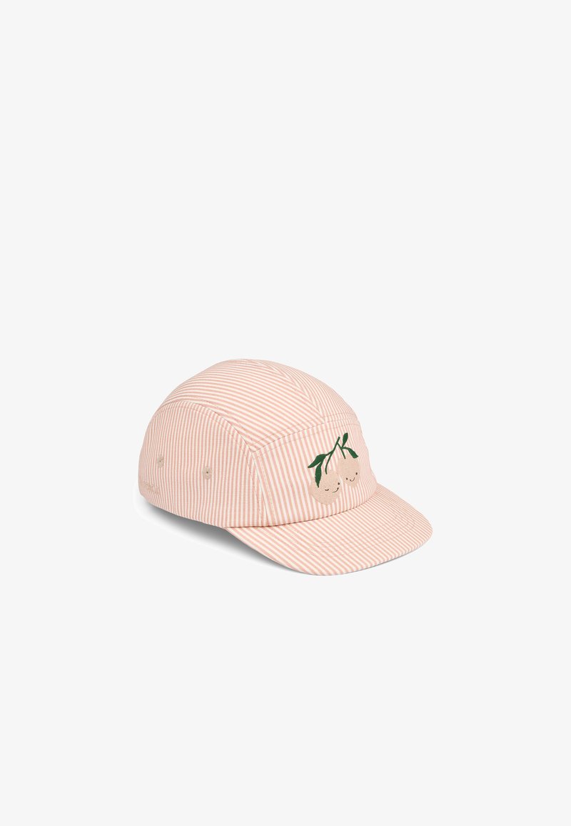 Gorra rosa con rayas, visera curva y cerezas de dibujos animados bordadas en la parte frontal, con un tejido suave y diseño sin costuras.
