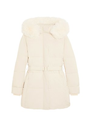 Gevoerde winterjas in licht beige met een nepbont capuchon, riem in de taille en twee voorzakken. Zachte textuur met een doorgestikt ontwerp.