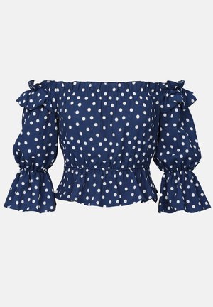 Marineblaue schulterfreie Bluse mit weißen Polka-Dots, elastischem Oberteil, rüschengesäumtem Saum und puffärmeligen, mit Schleifen gebundenen Ärmeln. Texturstoff.