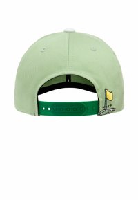 Green baseball cap with a smooth texture, adjustable green snapback, and a yellow flag embroidered on the side.