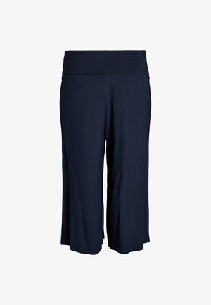 Marineblå bredbenede trekvartbukser med bred linning, lavet af blødt, flydende stof.