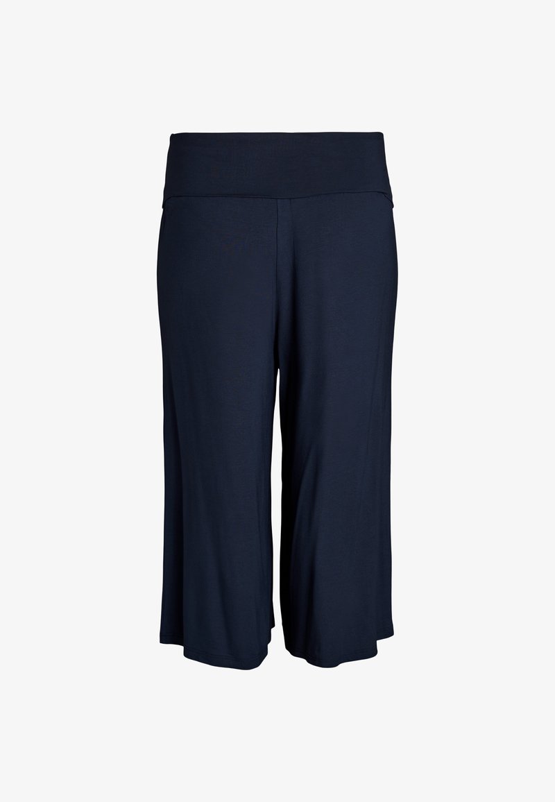 Marineblå bredbenede trekvartbukser med bred linning, lavet af blødt, flydende stof.