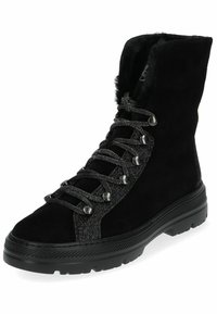 Black suede ankle boot with faux fur lining, metallic laces, and silver accents. Features a textured black rubber sole and a high-top design.